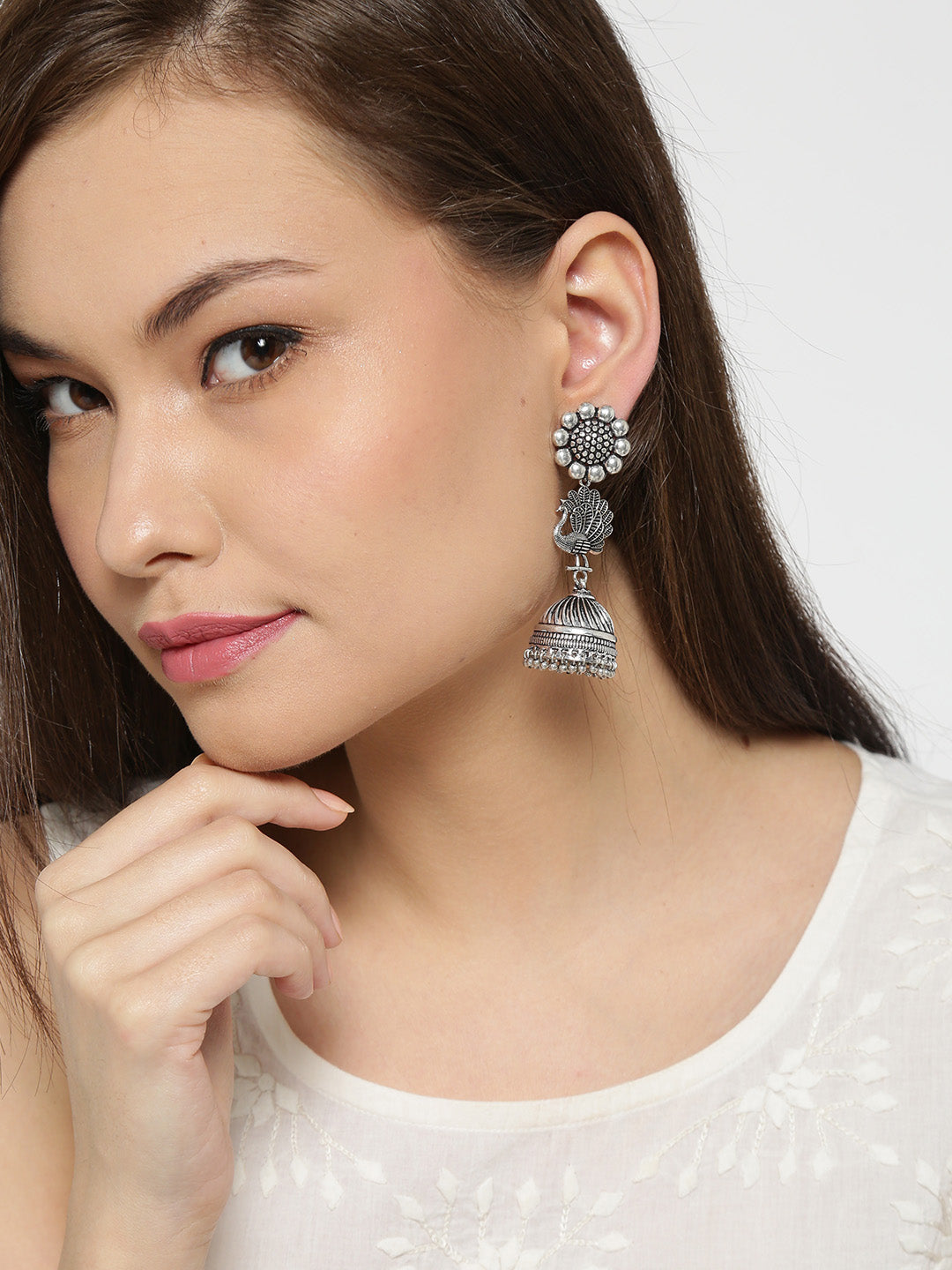 Silver Toned Three Tier Mriganka Jhumki