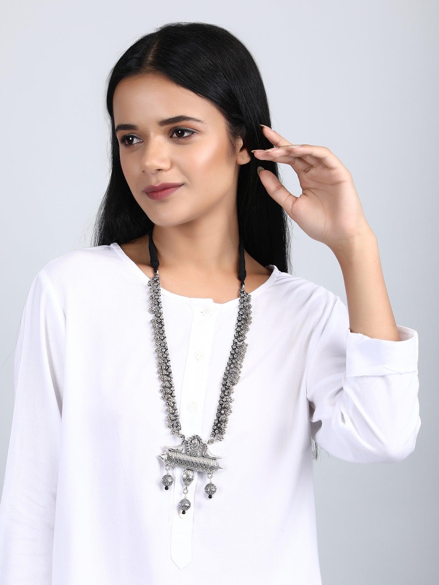 Swapnasundri Silver Toned Oxidized Long Necklace