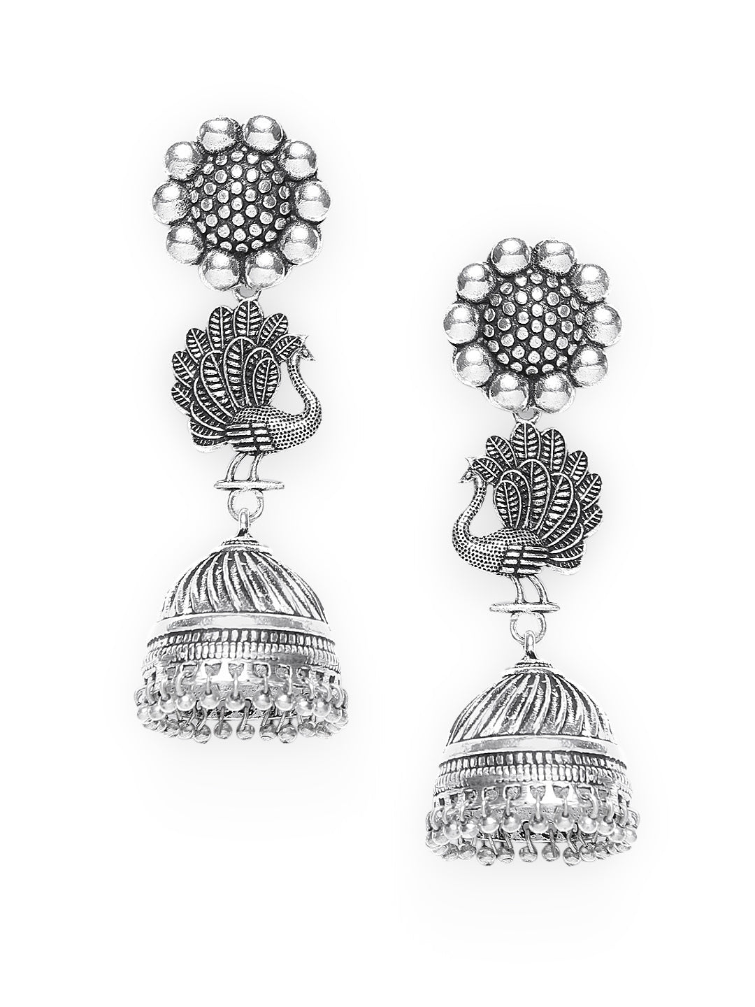 Silver Toned Three Tier Mriganka Jhumki