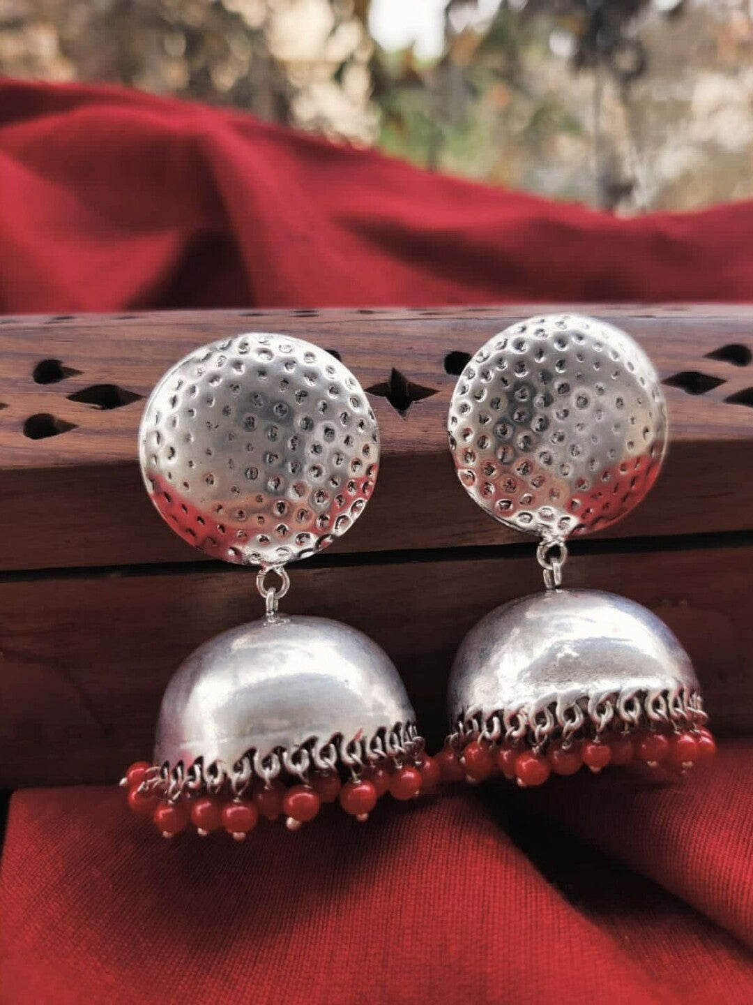 Gulnaar Red Beaded Textured Jhumkas