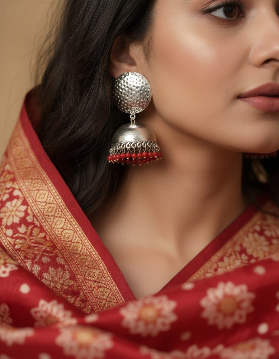Gulnaar Red Beaded Textured Jhumkas
