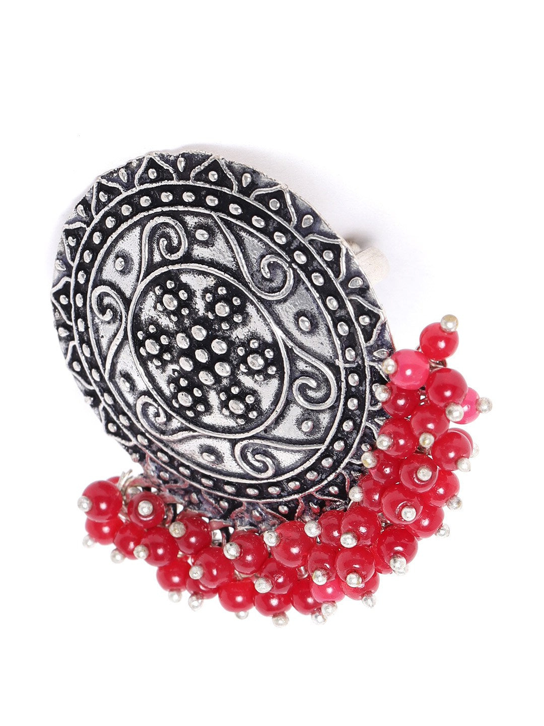 Red Beaded Oxidized Cocktail Ring