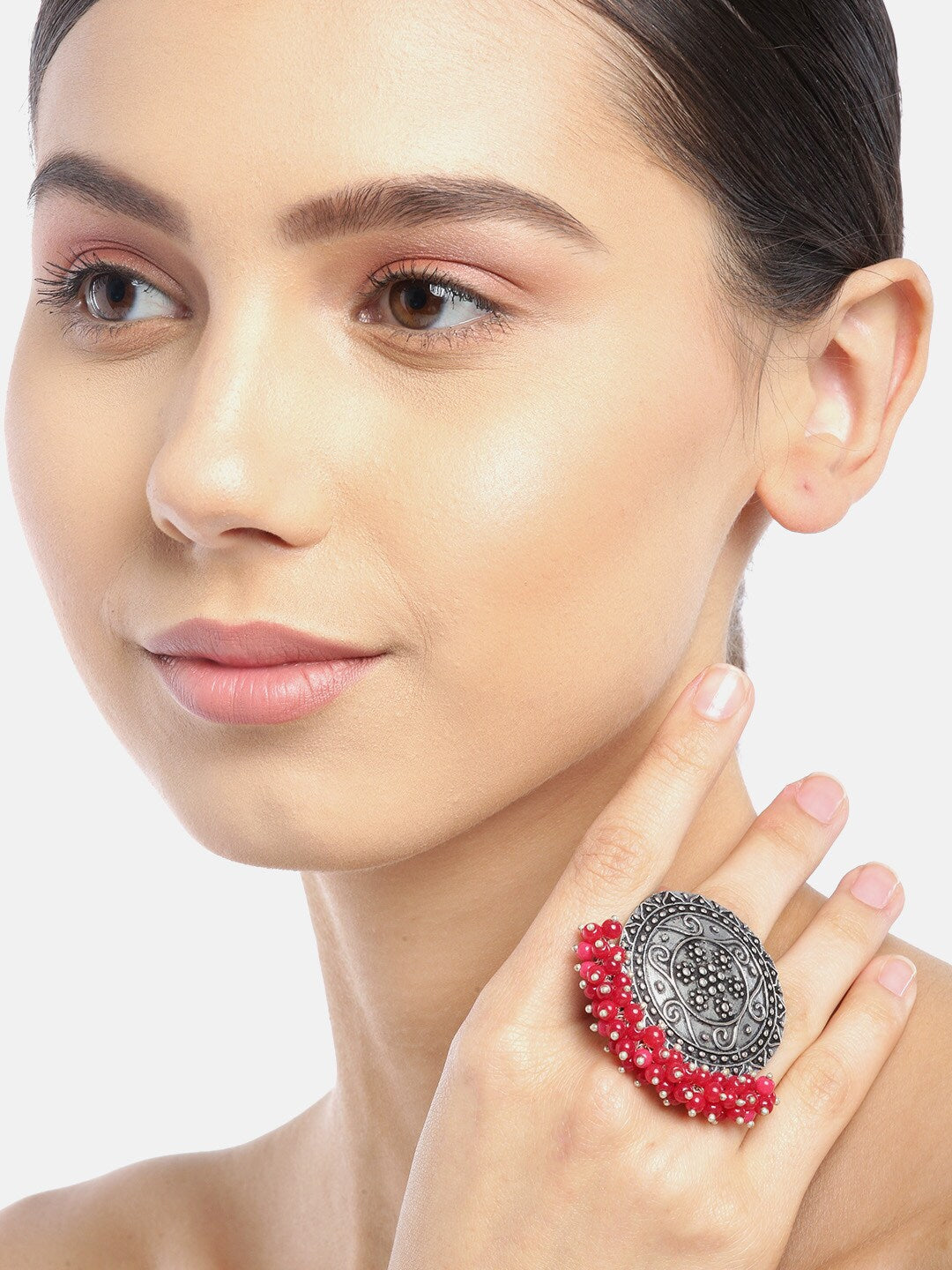 Red Beaded Oxidized Cocktail Ring