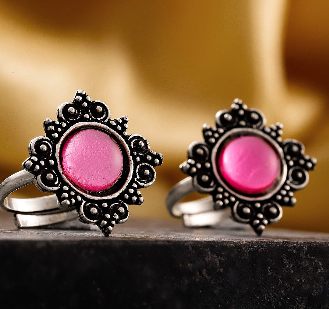 Pink Kundan Oxidized Toe Ring