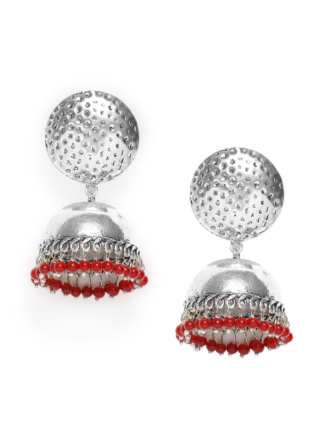 Gulnaar Red Beaded Textured Jhumkas