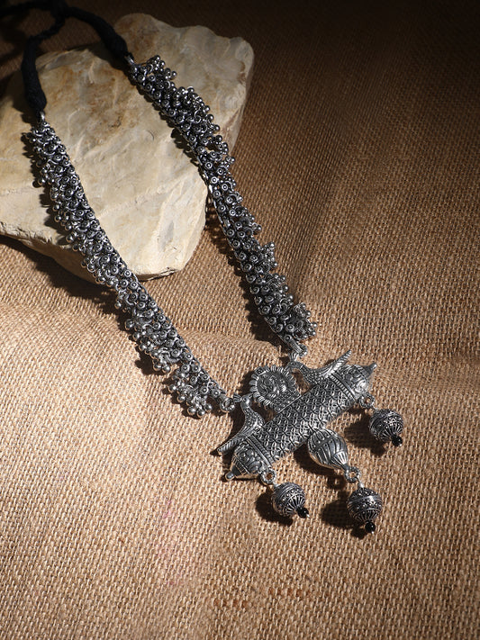 Swapnasundri Silver Toned Oxidized Long Necklace