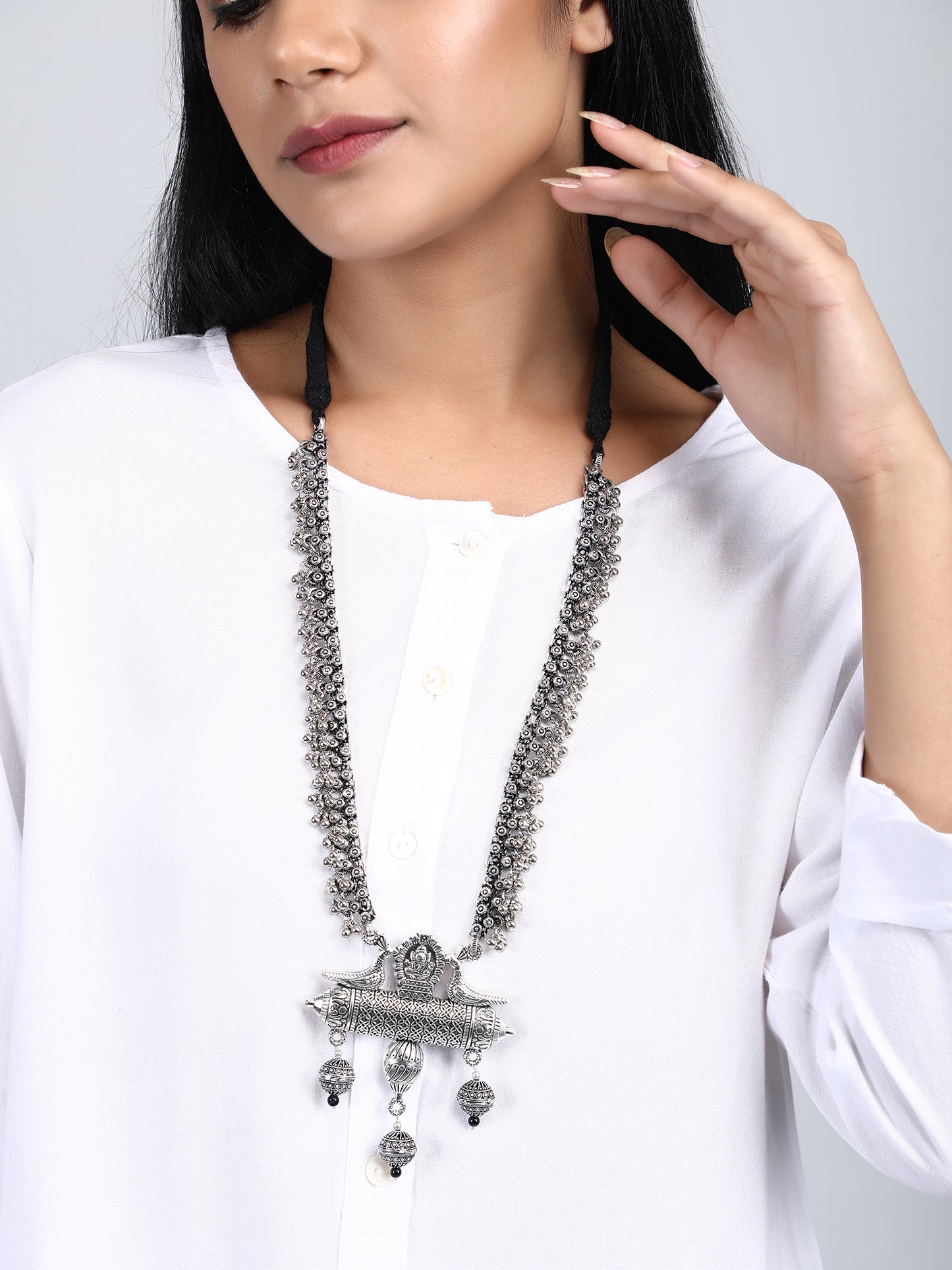 Swapnasundri Silver Toned Oxidized Long Necklace